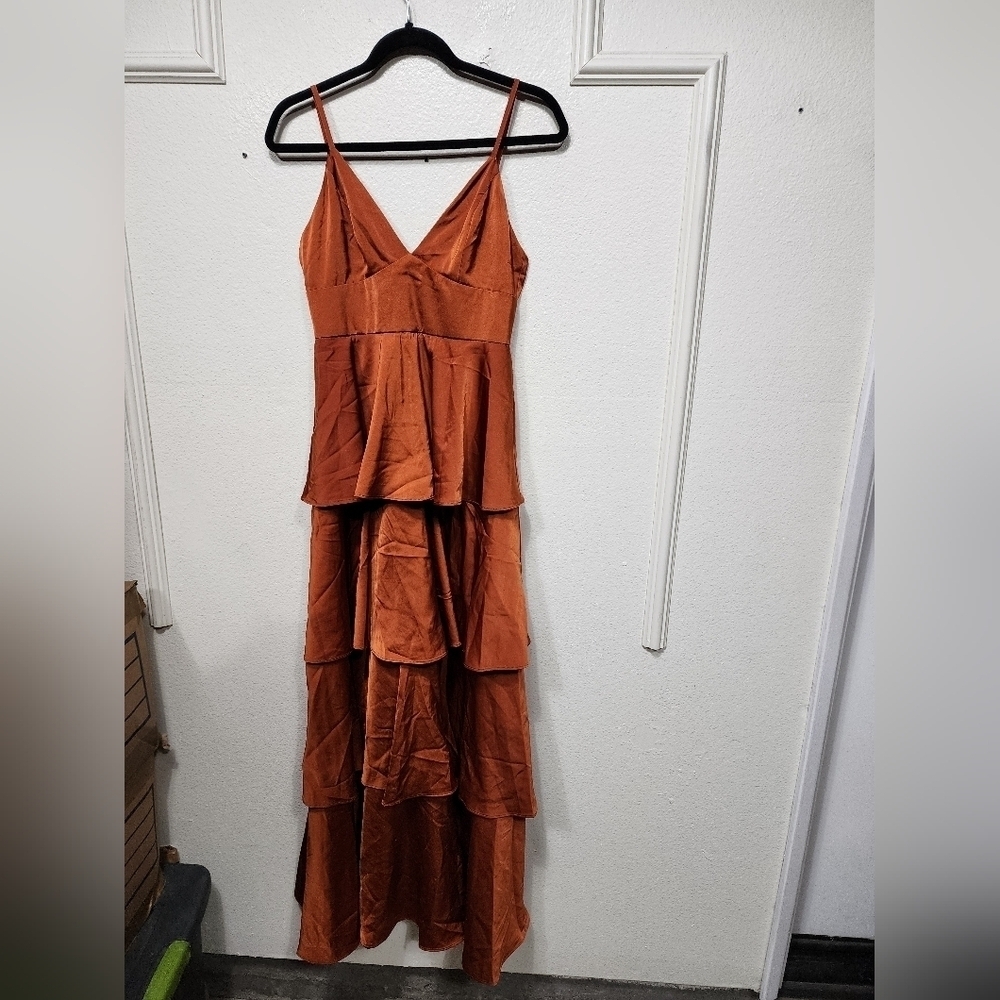 Lulus Going with Elegance Rust Brown Satin Tiered Gown Wedding Party Formal - Picture 6 of 9